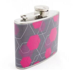 Pocket Hip Flask : Magenta Pink and Grey Hexagon Pattern, 4 oz Stainless Steel